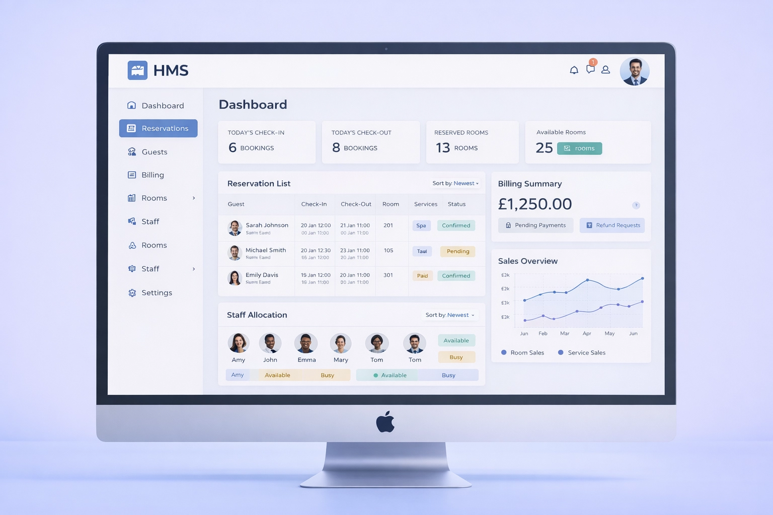 Hotel management system interface