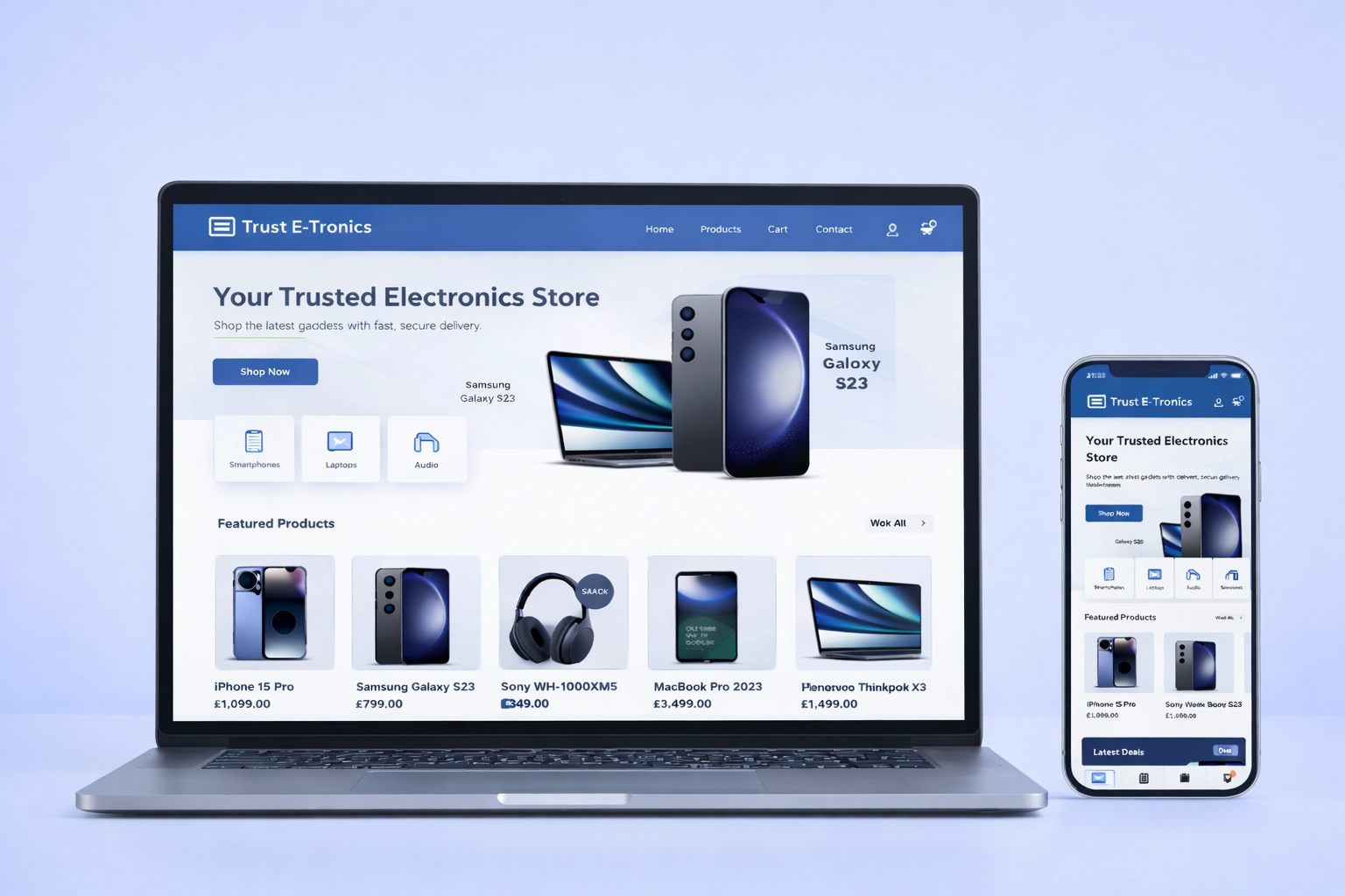 Trust E-Tronics e-commerce website screens